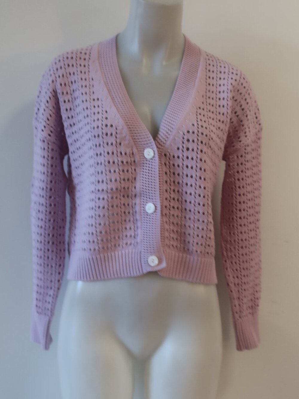 Womens Kokun Lilac (Item- 27) Open Knit V-Neck Cotton Cardigan Sweater XS - Picture 2 of 9